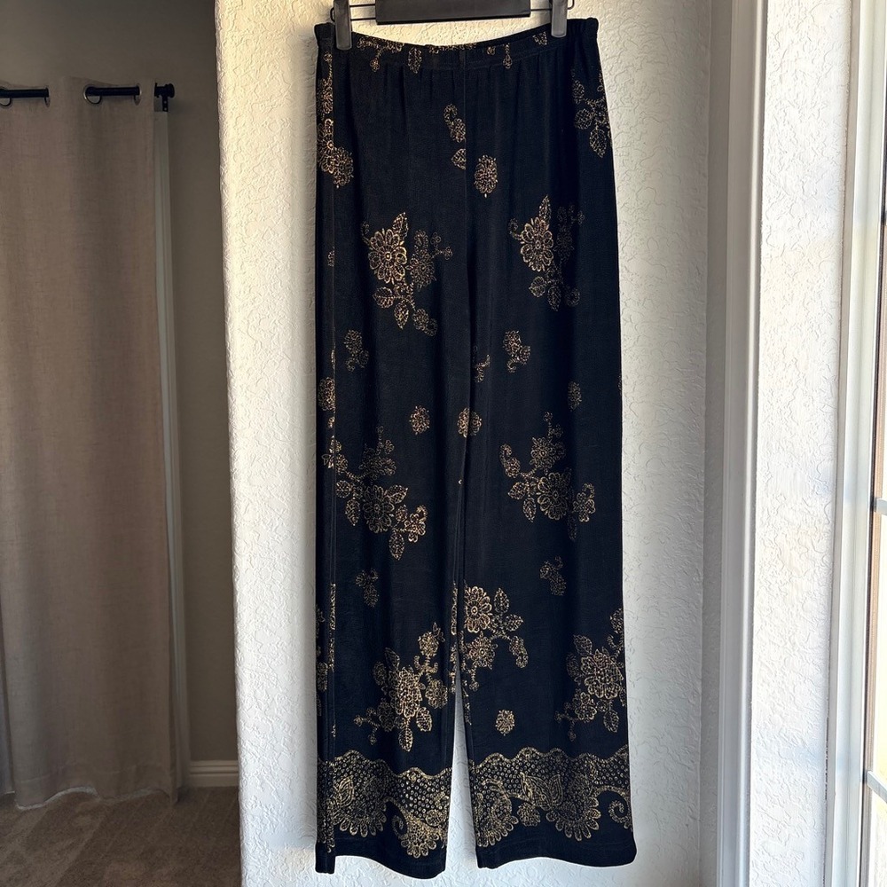 Womens Vintage Y2K 90s M Pants Pull-On Black Gold Floral Glitter Lace Wide Leg